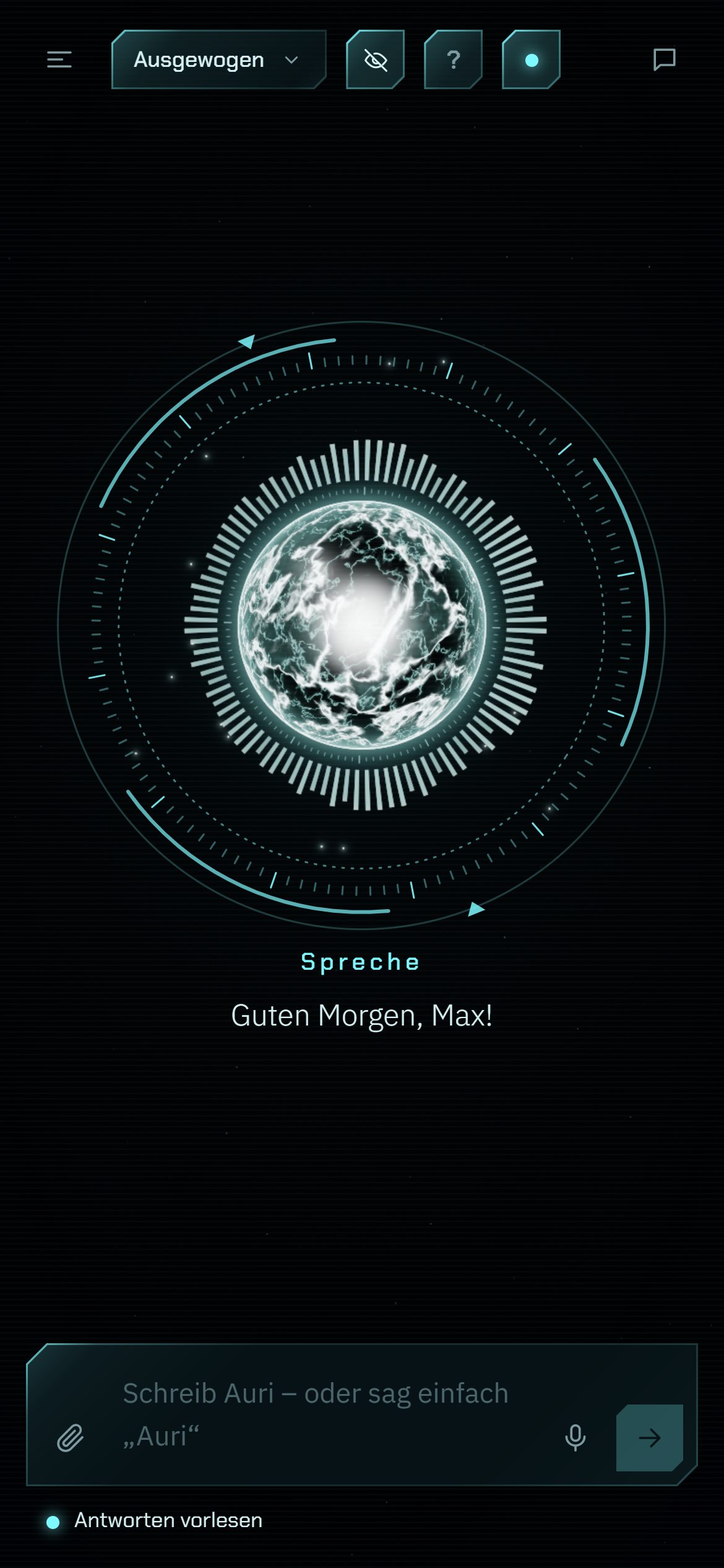 AURI auf dem Handy: der Kern spricht, darunter „Guten Morgen, Max!“.